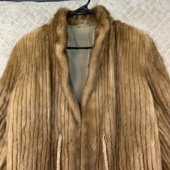 Womens L Mink Fur Coat Brown With Tassel Belt Ribbed Corded Short Length - Picture 2 of 16